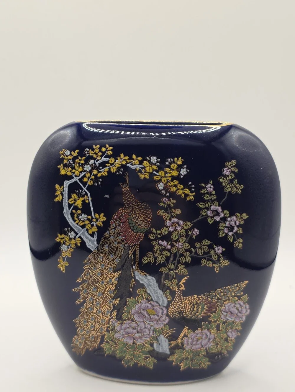 Vintage Japanese Cobalt Blue Peacock Bud Vase - 4
